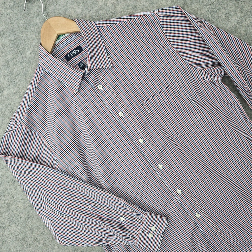 Chaps Button Up Dress Shirt Men's Size L 16.5 32/33 Red Blue Check Regular Fit